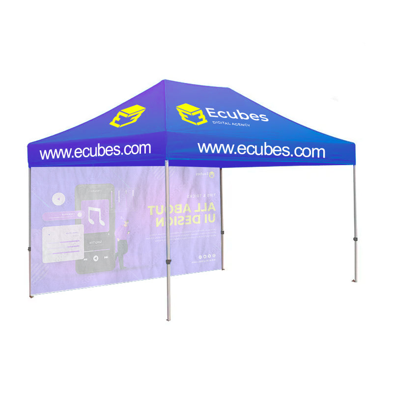 Pop-up Canopy tent with Back Wall, featuring a Custom full-color Logo and a graphic.
