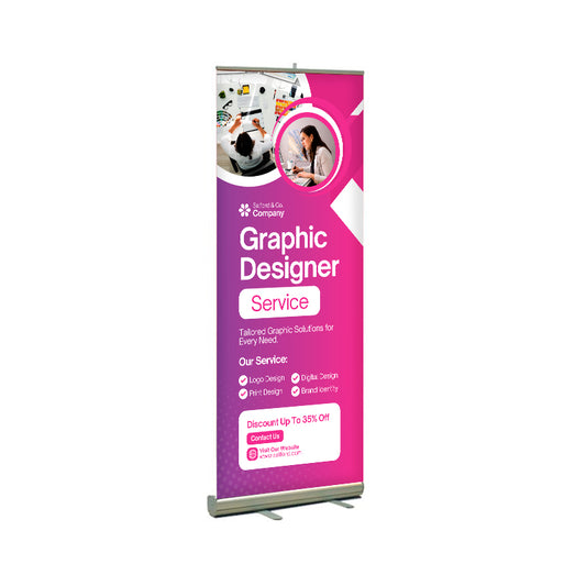 A standard retractable banner stand 33 x 80 inches with a custom imprinted graphic