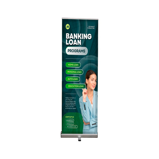 A retractable banner stand with a green theme, featuring custom text and graphics related to financial sector