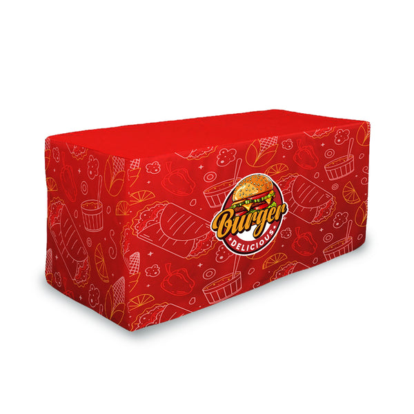 A red 6-foot fitted tablecloth with printed designs and a central logo depicting.